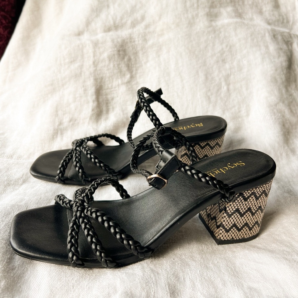 NEW SEYCHELLES Cater to You Black Braided Strappy Block Heel Sandals 8